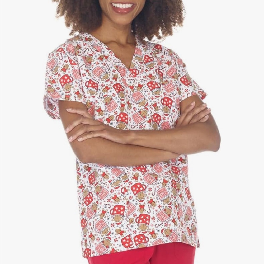 Amazon Red & White Holiday Gingerbread V-Neck Scrub Top